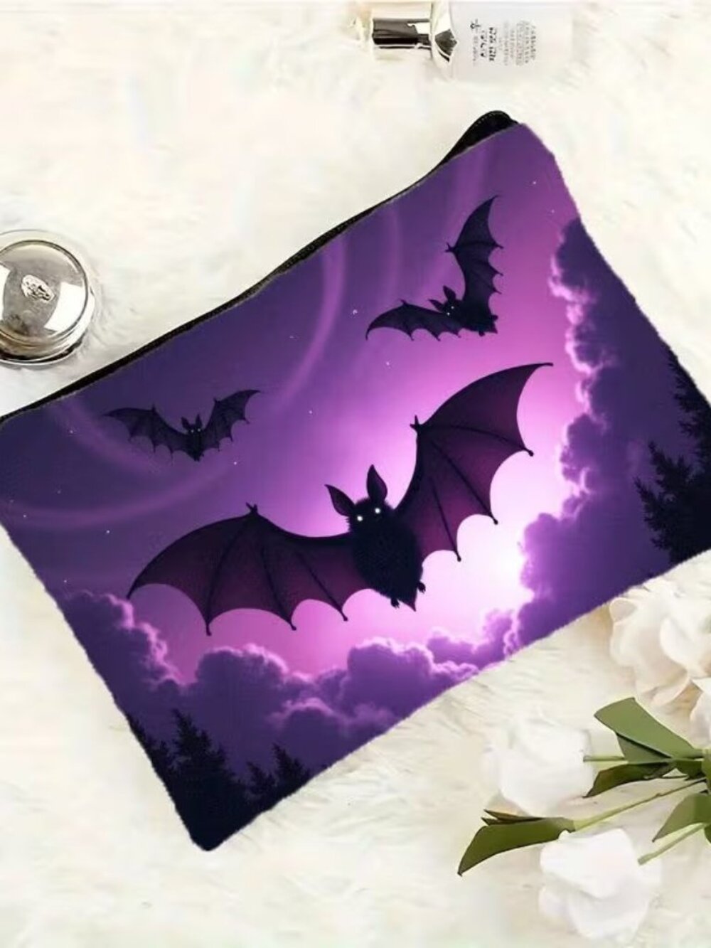 Halloween Goth Bats w Purple Sky / Clouds Make Up Bag Double-Sided 6.3h" x 8.7"w